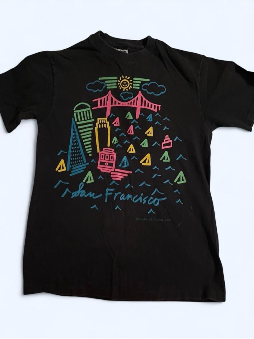 Vintage single stitch Hanes Black San Francisco Skyline Tee with Neon Graphic